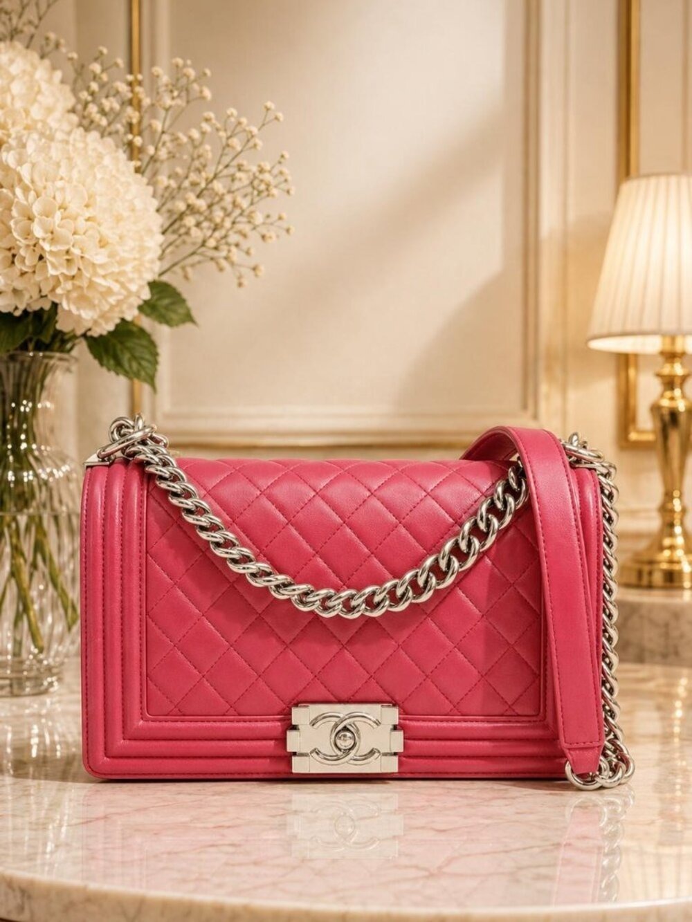 Authentic Chanel Boy Bag Red Quilted Leather Medium Flap Silver Chain CC Logo